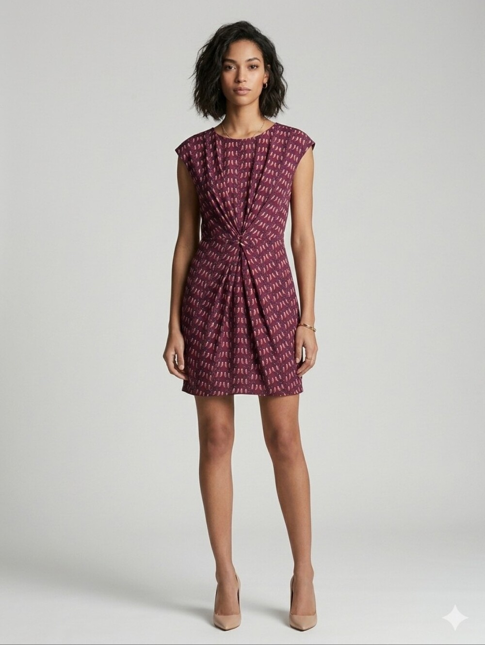 Zara Burgundy Bird Print Draped Front Sheath Mini Dress